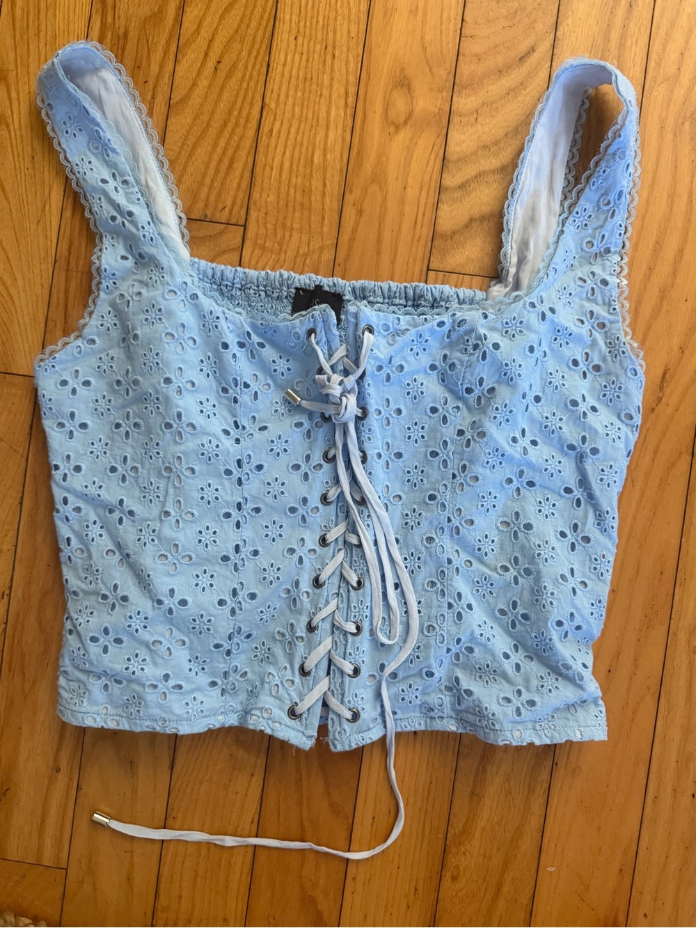 MAJORELLE Light Blue Eyelet Lace-Up Cropped Camisole